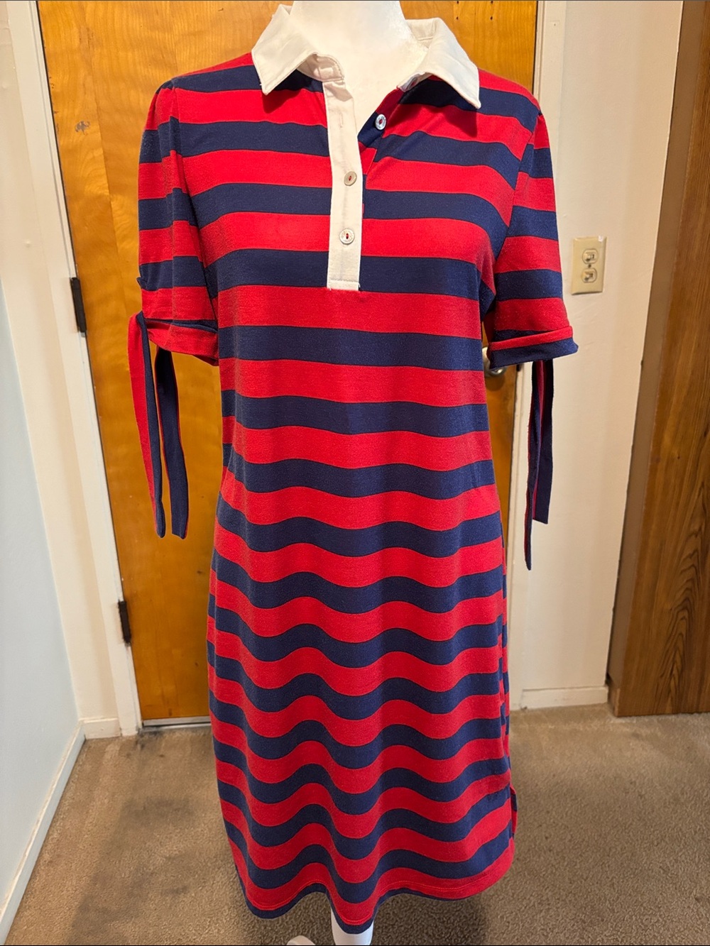 Striped Red and Navy Polo Midi Dress with Tie Sleeves
